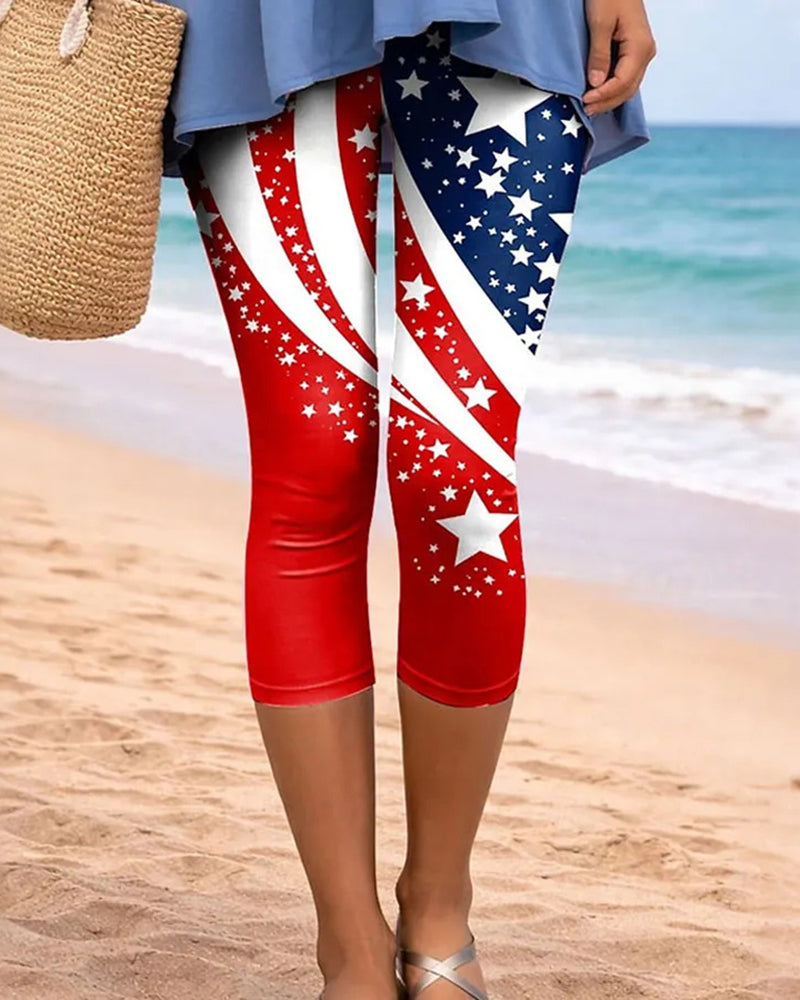 Red, White And Blue Diagonal Star-cut Five-pointed Star Print Slim-fit Stretch Cropped Leggings