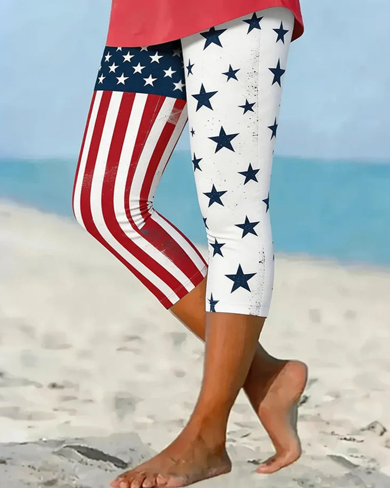 Asymmetric Stitching Flag Element Five-pointed Star Printed Casual Stretch Cropped Pants Tight Pants