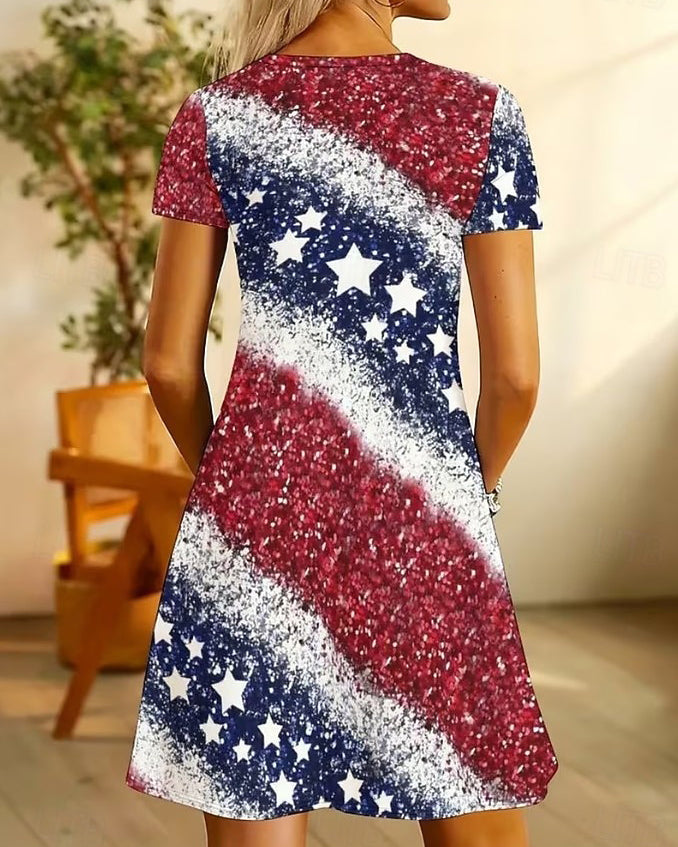 V-neck 250th Anniversary Striped Color Block Mini Dress