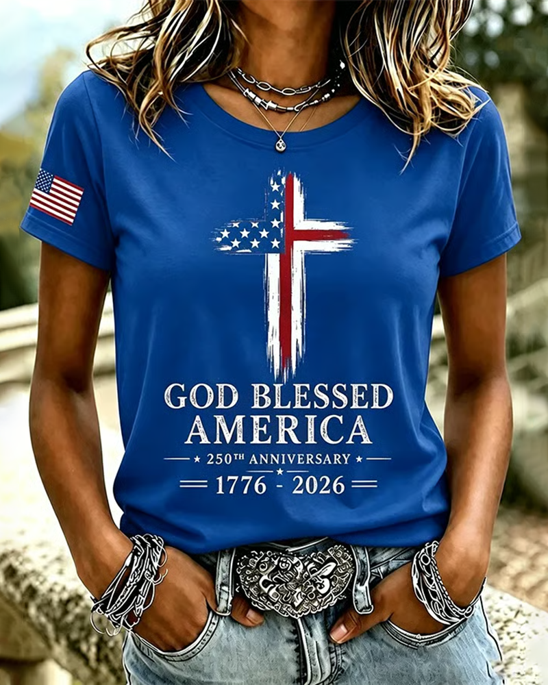 100% Cotton God Blessed America Crew Neck Short Sleeve Tshirt