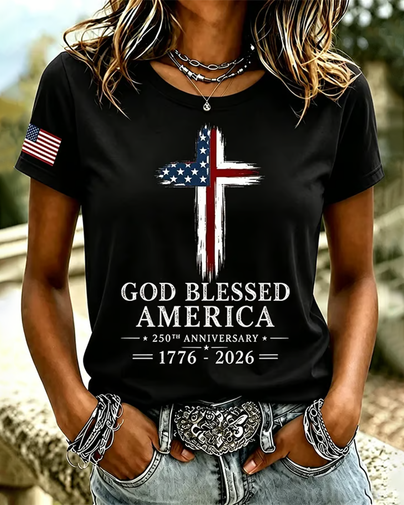100% Cotton God Blessed America Crew Neck Short Sleeve Tshirt