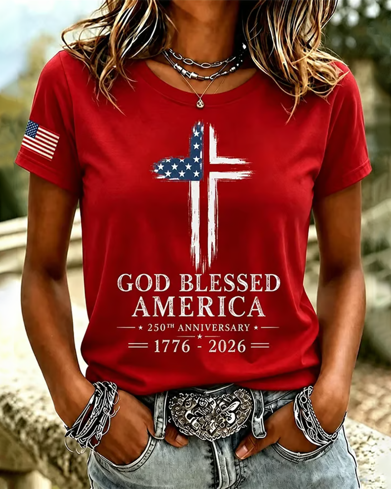 100% Cotton God Blessed America Crew Neck Short Sleeve Tshirt