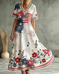 American Flag Fireworks Notes Floral Print V-Neck Short Sleeve Long Dress