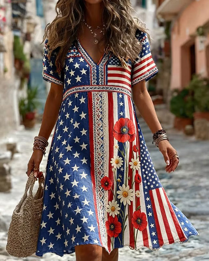 Stars And Stripes Element Patchwork Daisy-Print V-Neck Short Sleeve Dress